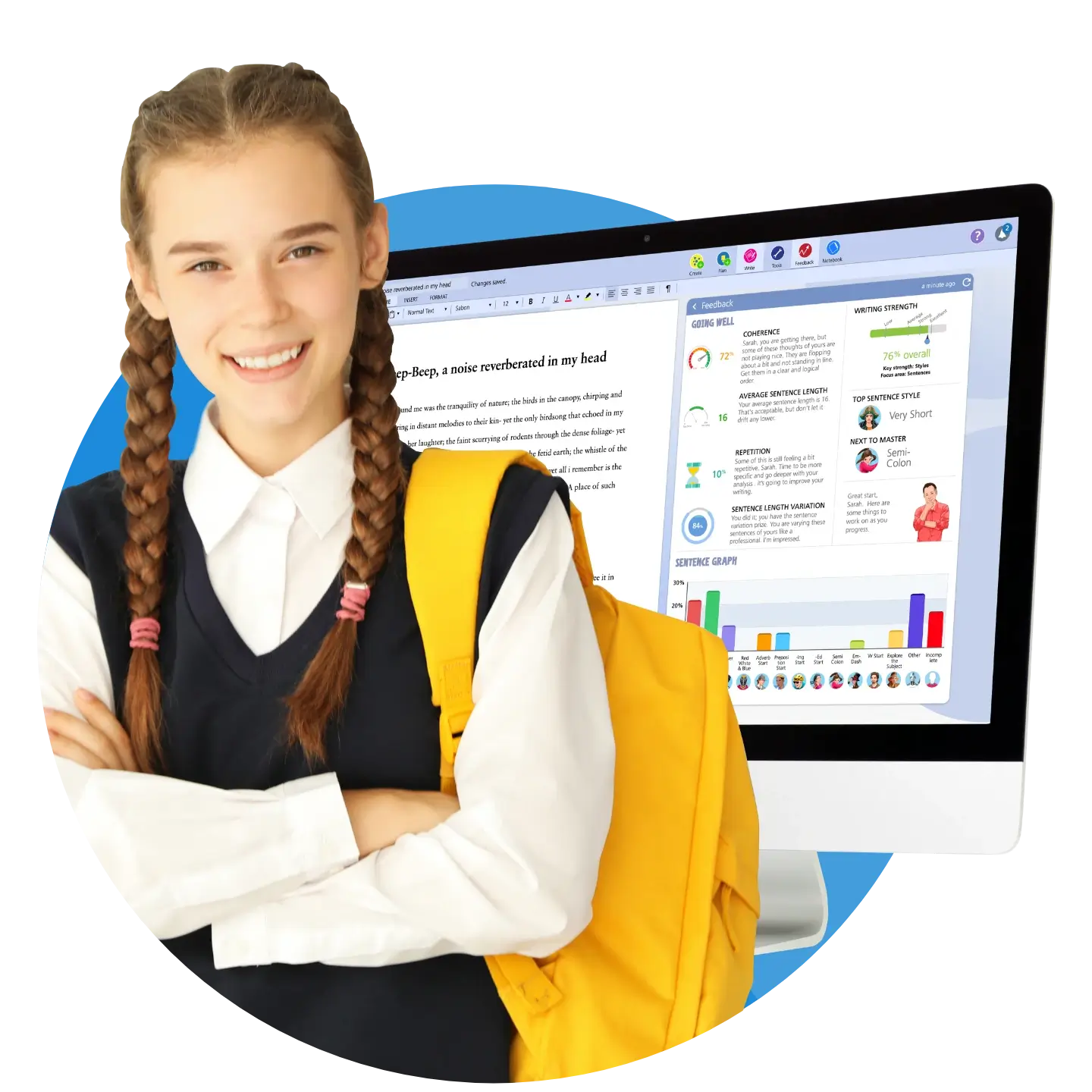 Smiling with Screen Behind her Writers Toolbox AI Fast feedback
