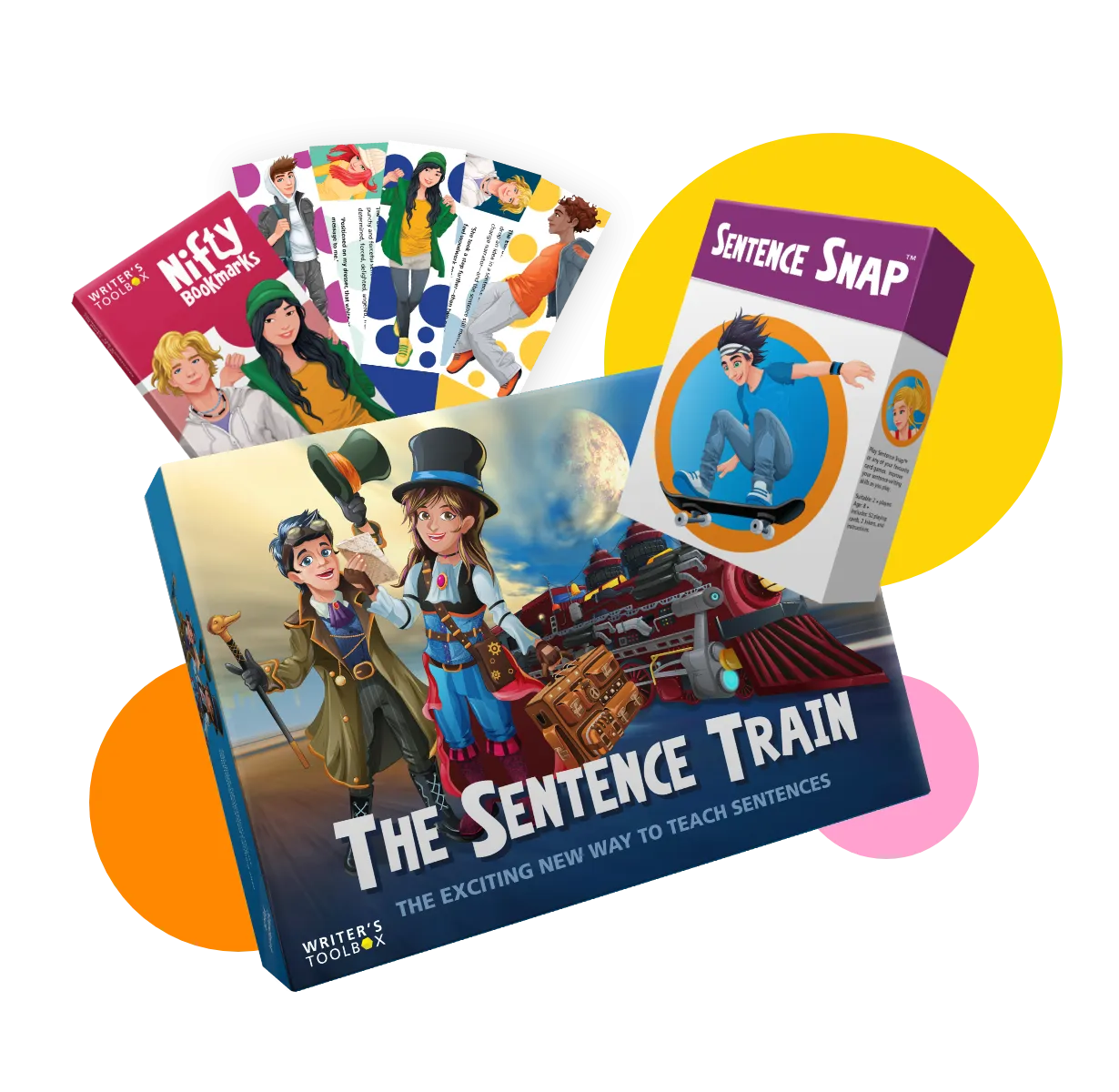 Array of Writer's Toolbox classroom resources, including the Sentence Train, Sentence Snap pack, and bookmarks