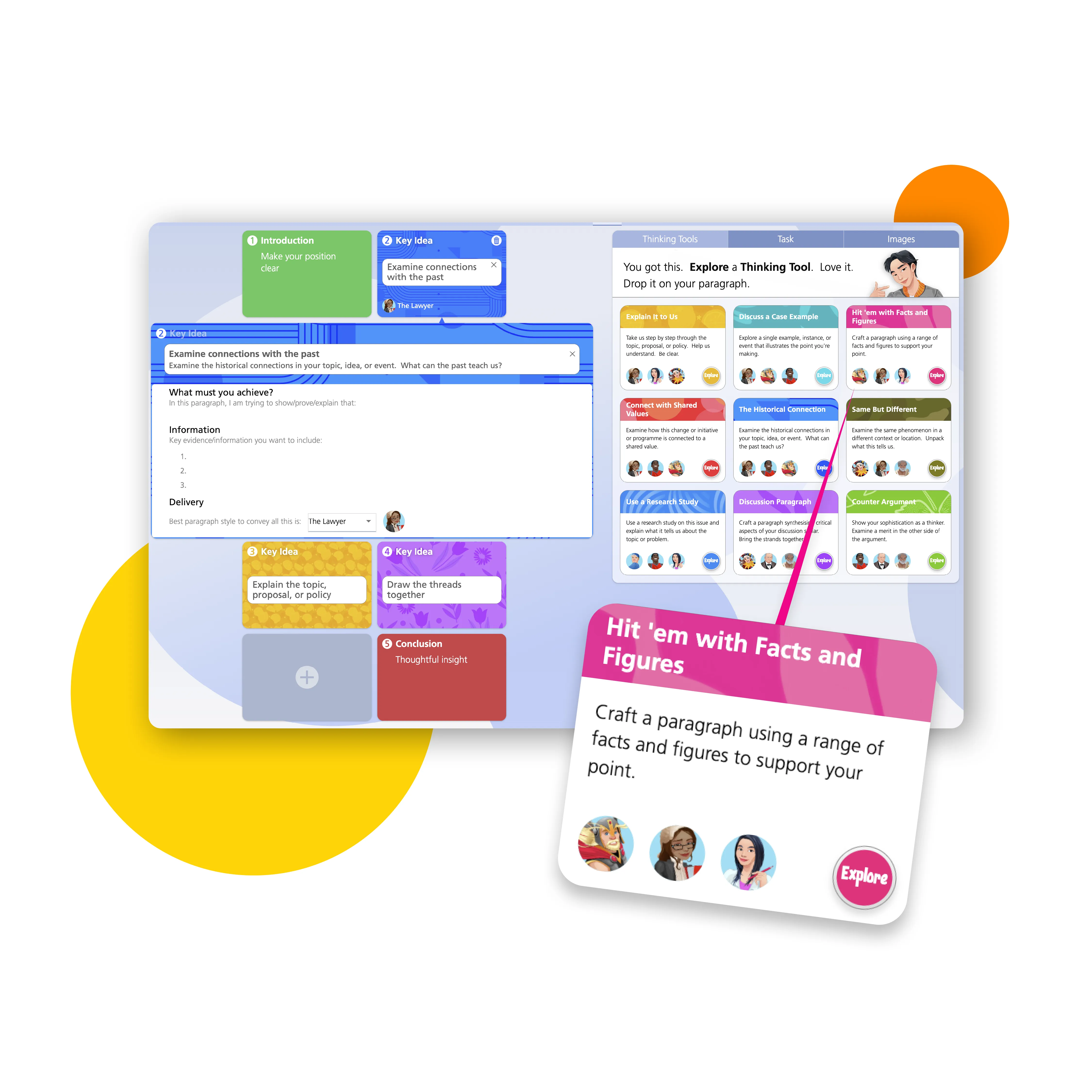Graphic showing screenshots of Writer's Toolbox Thinking Tools